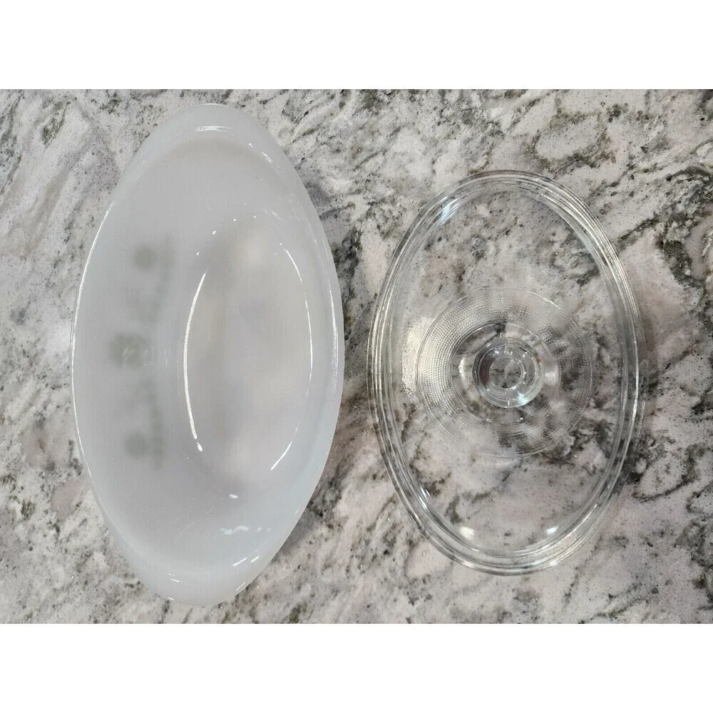 Vintage Glasbake J235 1QT Casserole Dish Green Daisy Milk Glass Oval With Lid